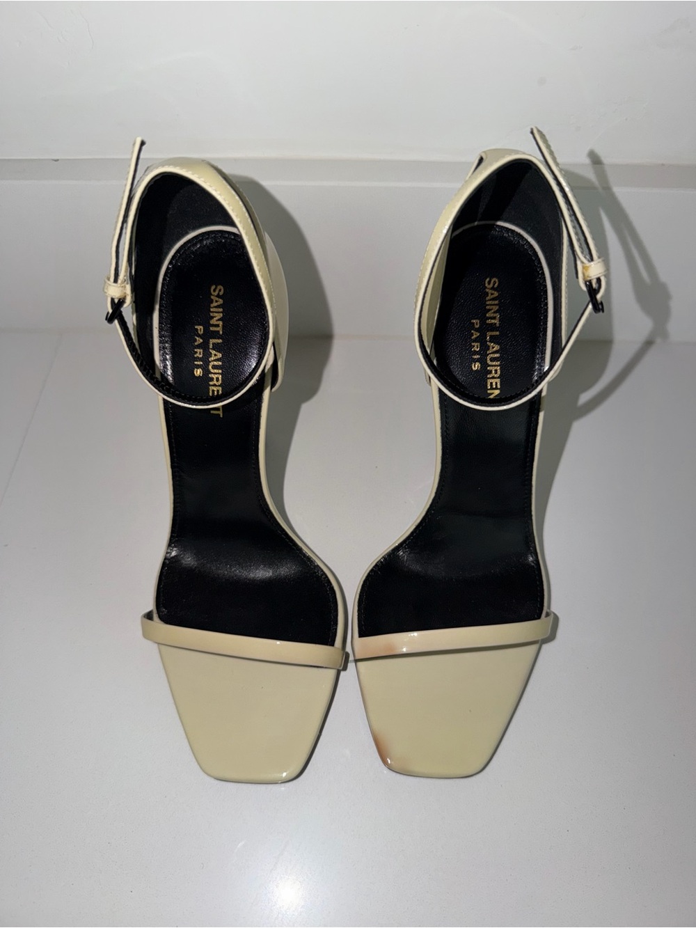 Saint Laurent Cream Leather Ankle-Strap Heels